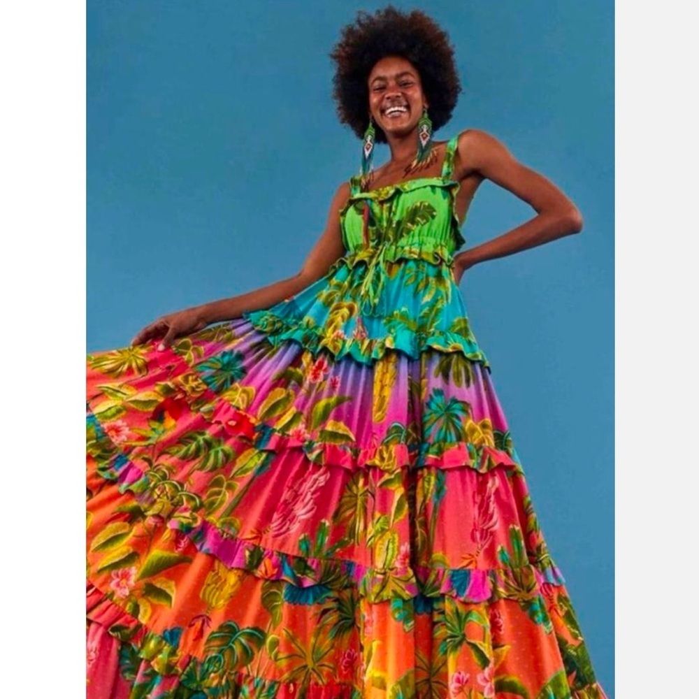 FARM RIO l Ombre Forest Tropical Floral Tiered Summer Colorful Maxi Dress Small